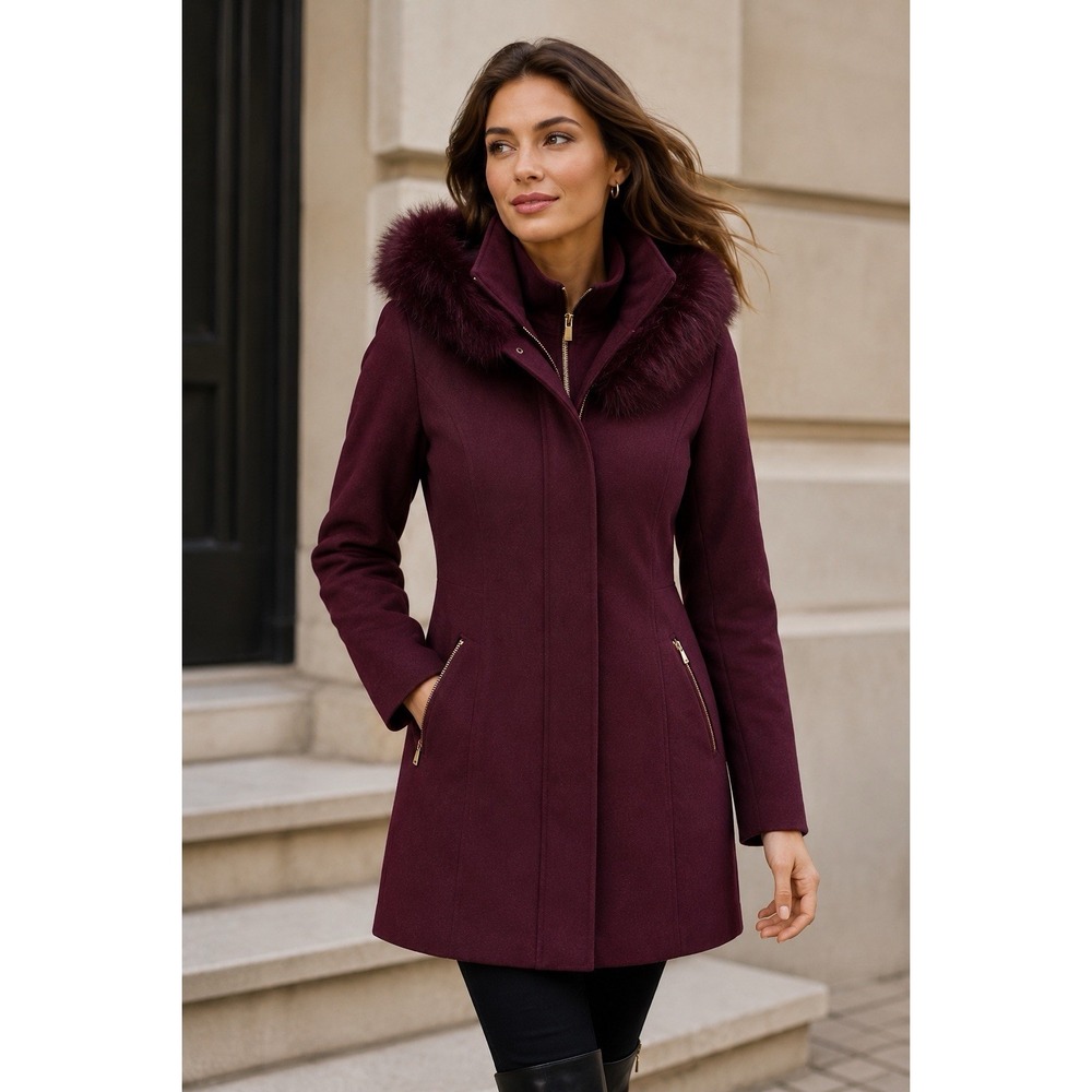 NWT Preston & York Burgundy Faux Fur Hooded Wool Blend Coat Womens Size 6